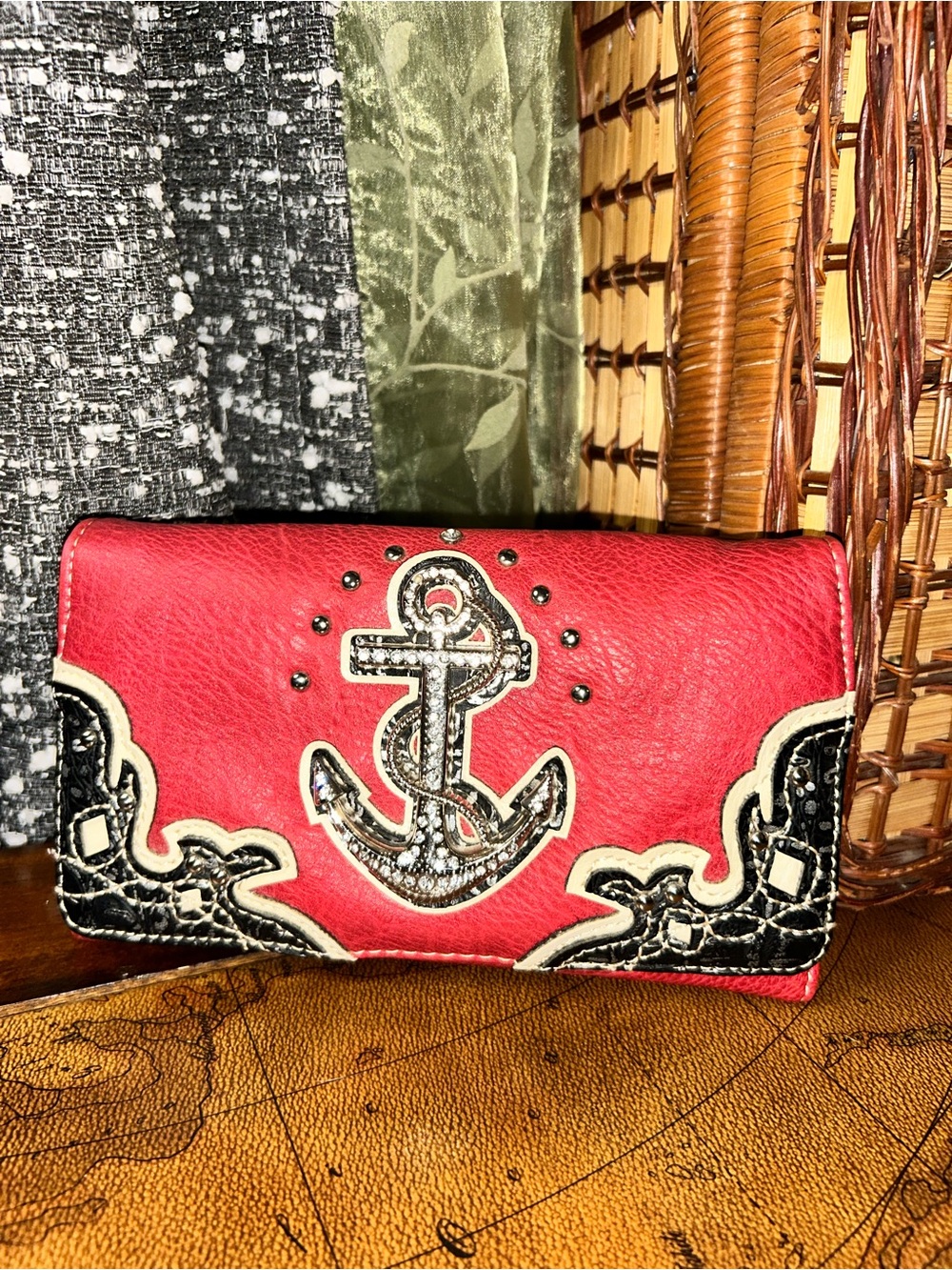 Red Anchor Wallet-Crossbody-Trifold-Clutch with Rhinestones